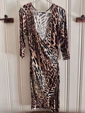 Ed Hardy Leopard Print Wrap Dress in Brown, Black, Cream